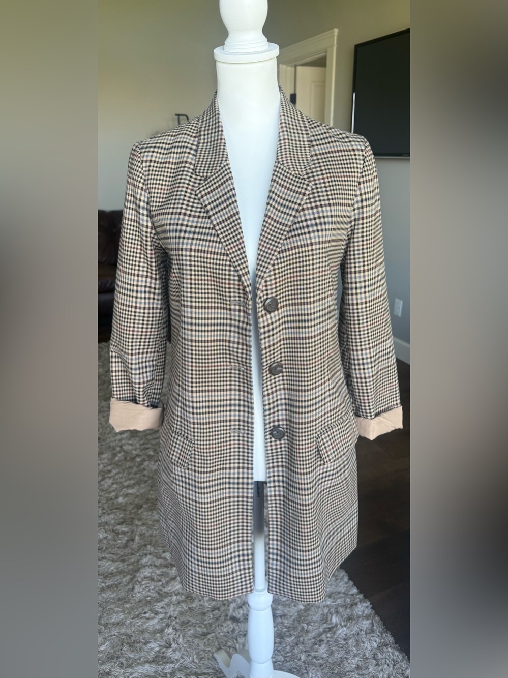 BB Dakota Houndstooth Long Blazer Jacket Fully Lined- Tan and Brown Size XS